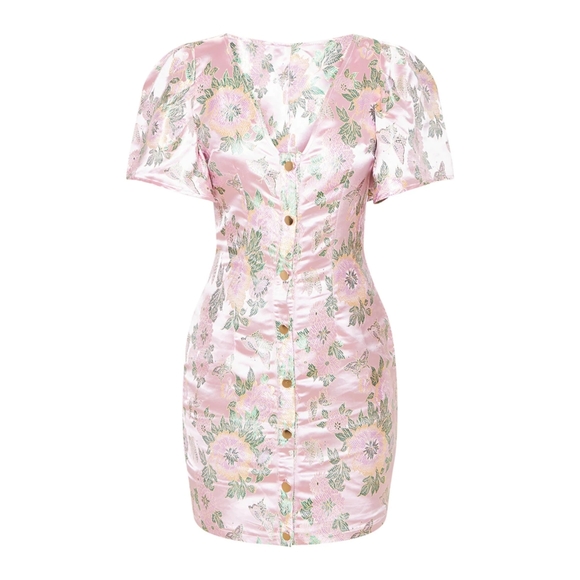 PLT Pink Jacquard Puff Sleeve Button Down Bodycon Dress - Picture 3 of 7